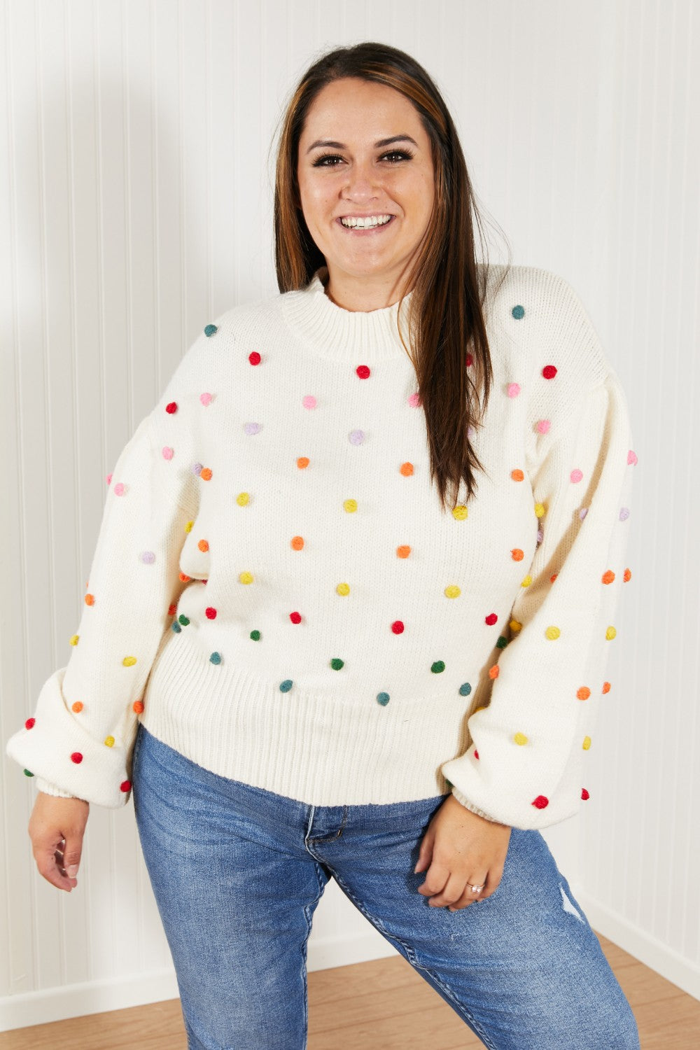 Davi & Dani Pop of Color Full Size Rainbow Pom Pom Sweater