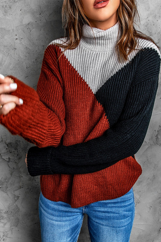 Tricolor Color Block Turtleneck Sweater