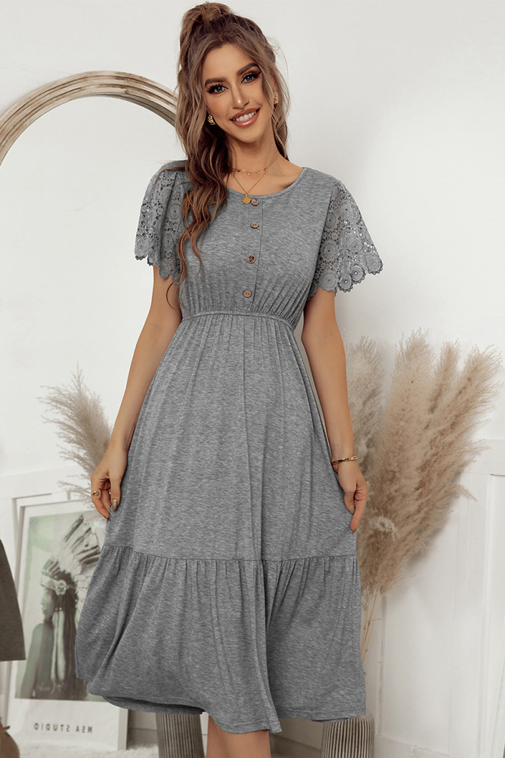 Lace Sleeve Tiered Midi Dress with Button Detail