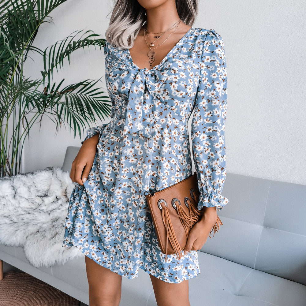 Floral Bow Detail Flared Sleeve Mini Dress