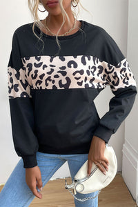 Leopard Color Block Long Sleeve Pullover