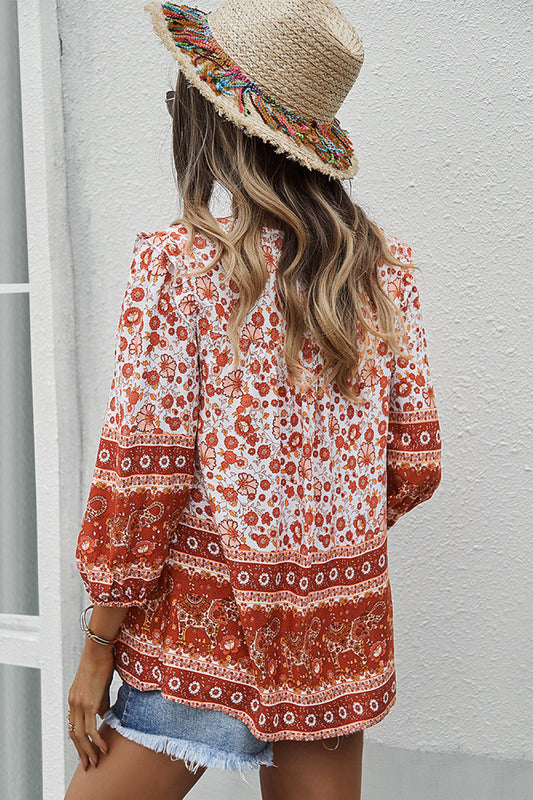 Floral Contrast Print Tie Neck Blouse