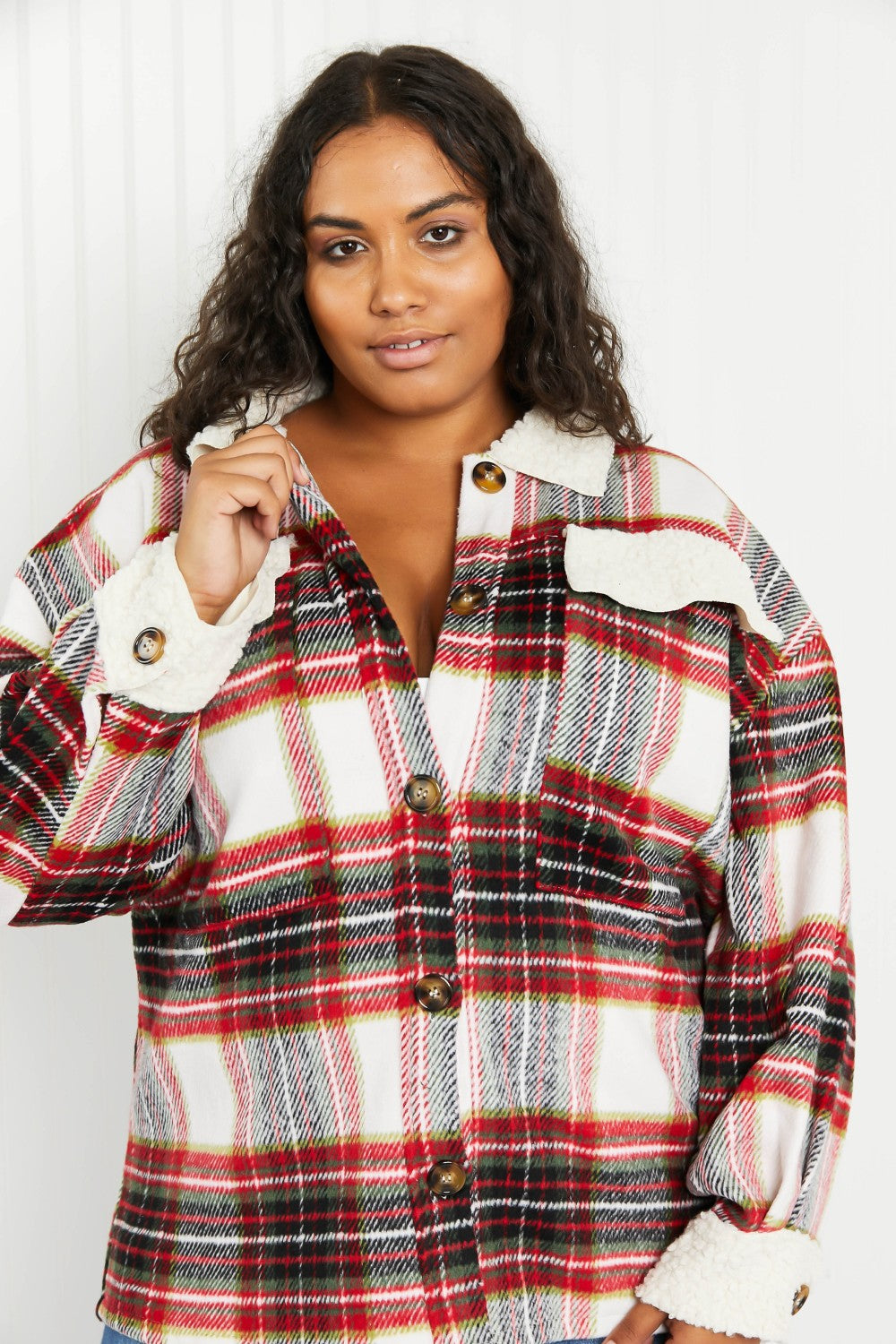 Davi & Dani Fresh Fall Vibes Full Size Plaid Button Down Jacket with Teddy Trim