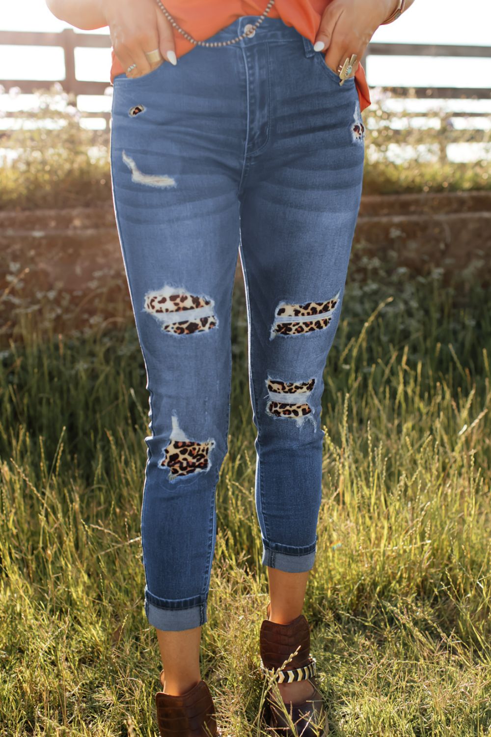 Patchwork Skinny Jeans with Pockets