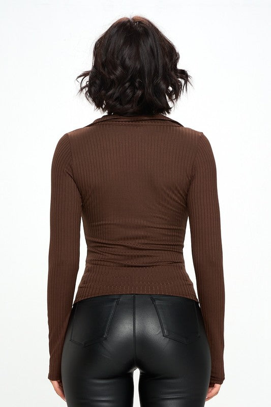 Chocolate USA Half Button Down Ribbed Collared Neck Knit Top