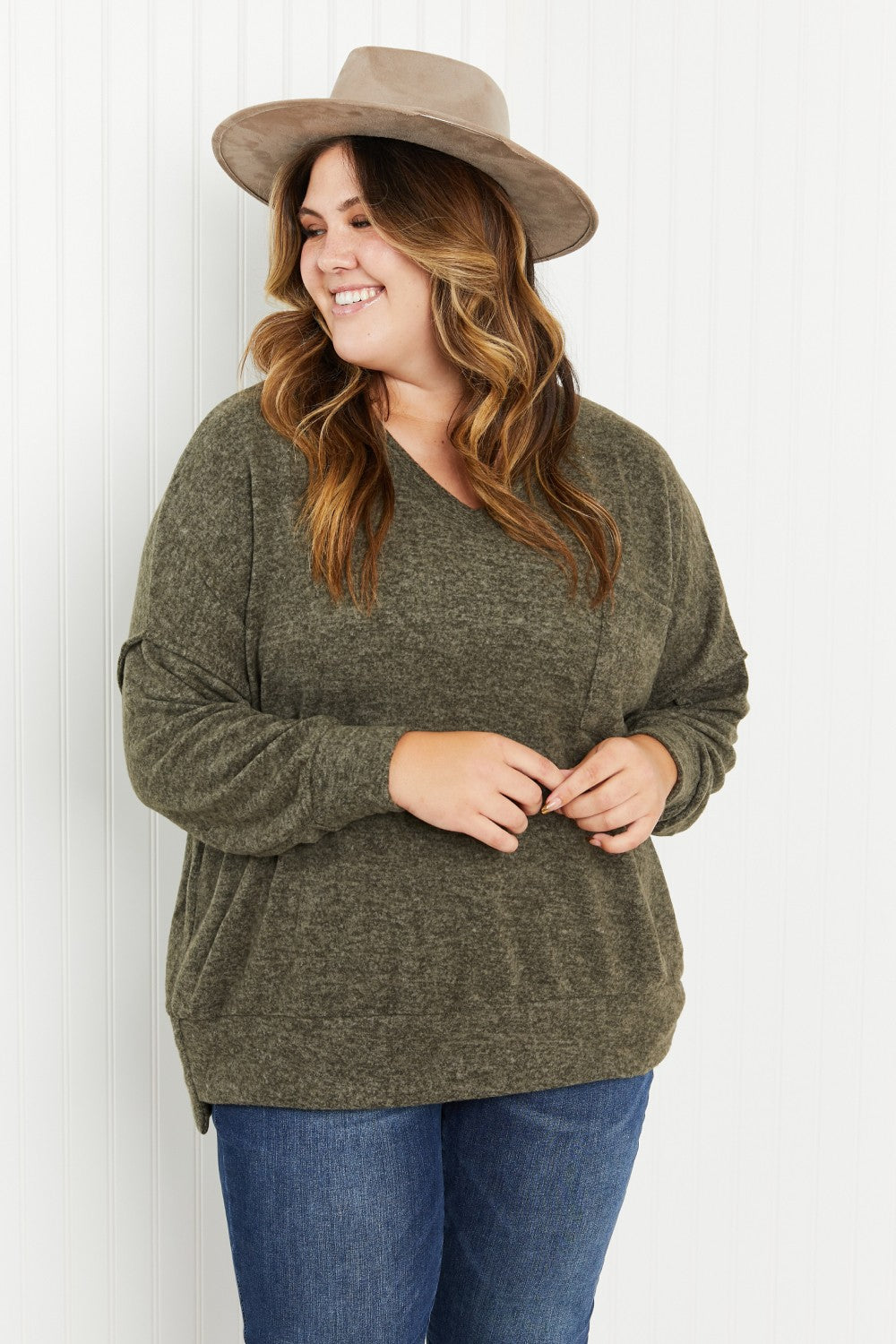 Zenana Up in Vancouver Full Size Melange Sweater in Dark Olive