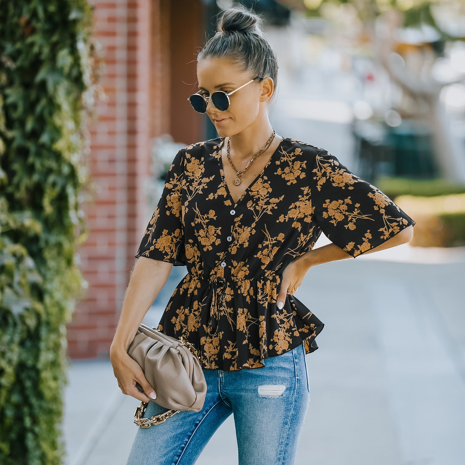 Floral V-Neck Peplum Blouse