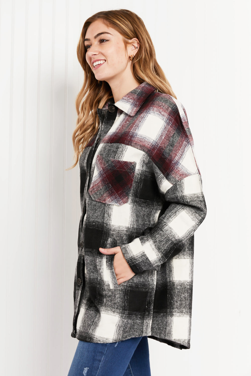 Zenana Colors of Autumn Full Size Plaid Shacket in Black/Burgundy