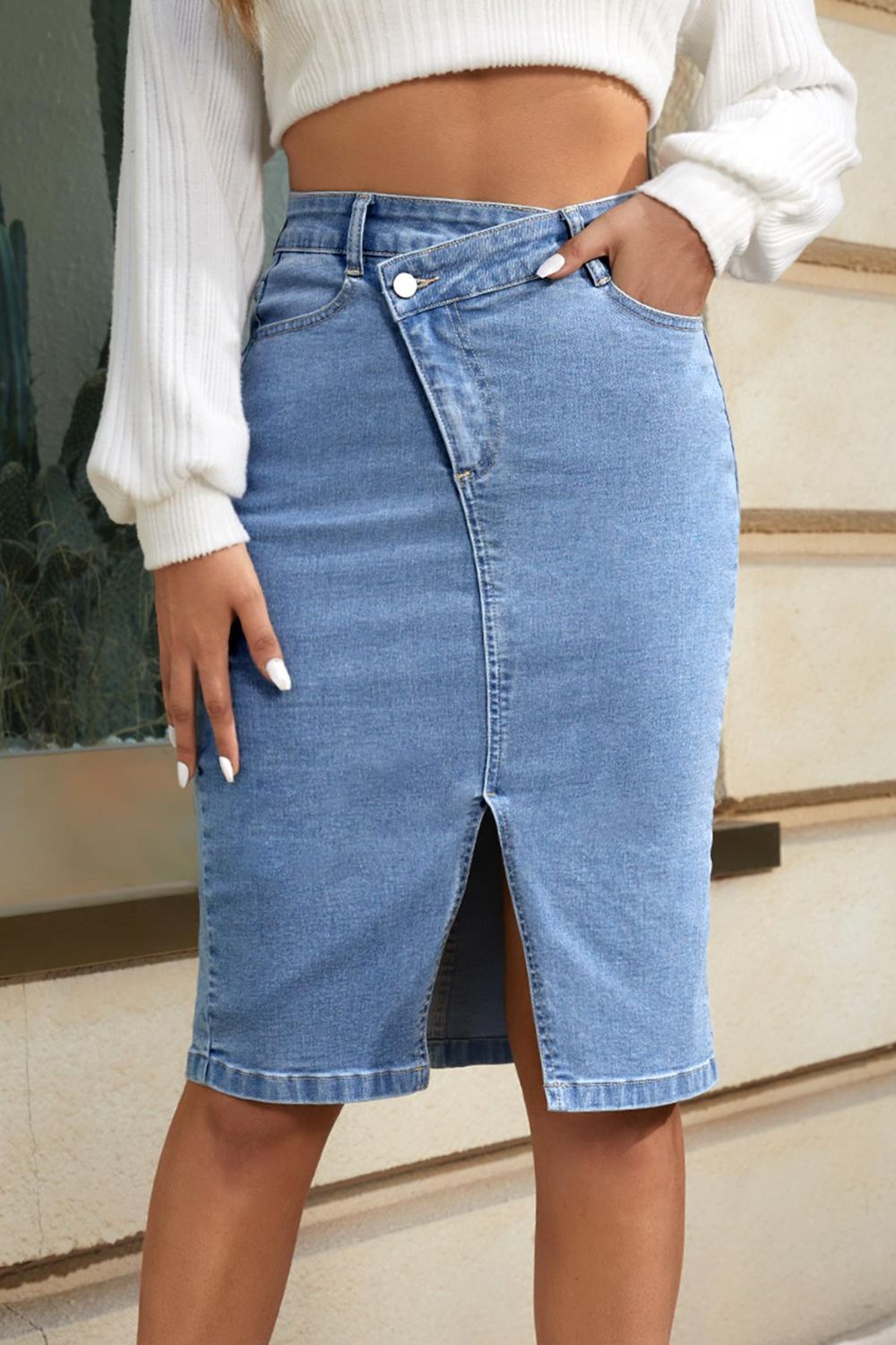 Asymmetrical Front Slit Denim Skirt