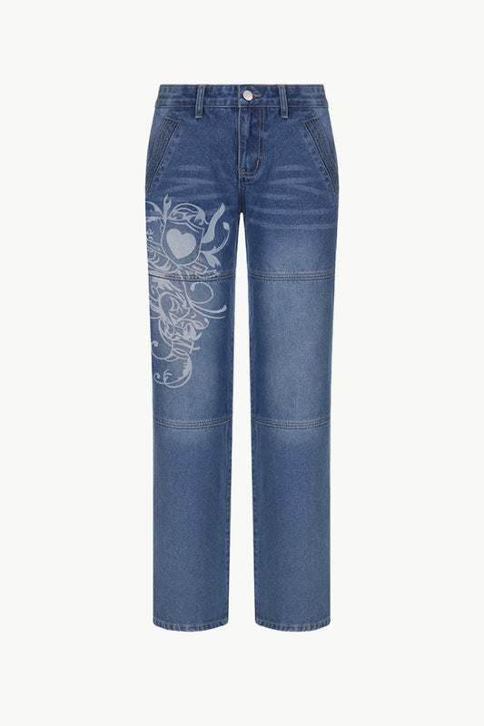 Graphic Wide Leg Jeans with Pockets