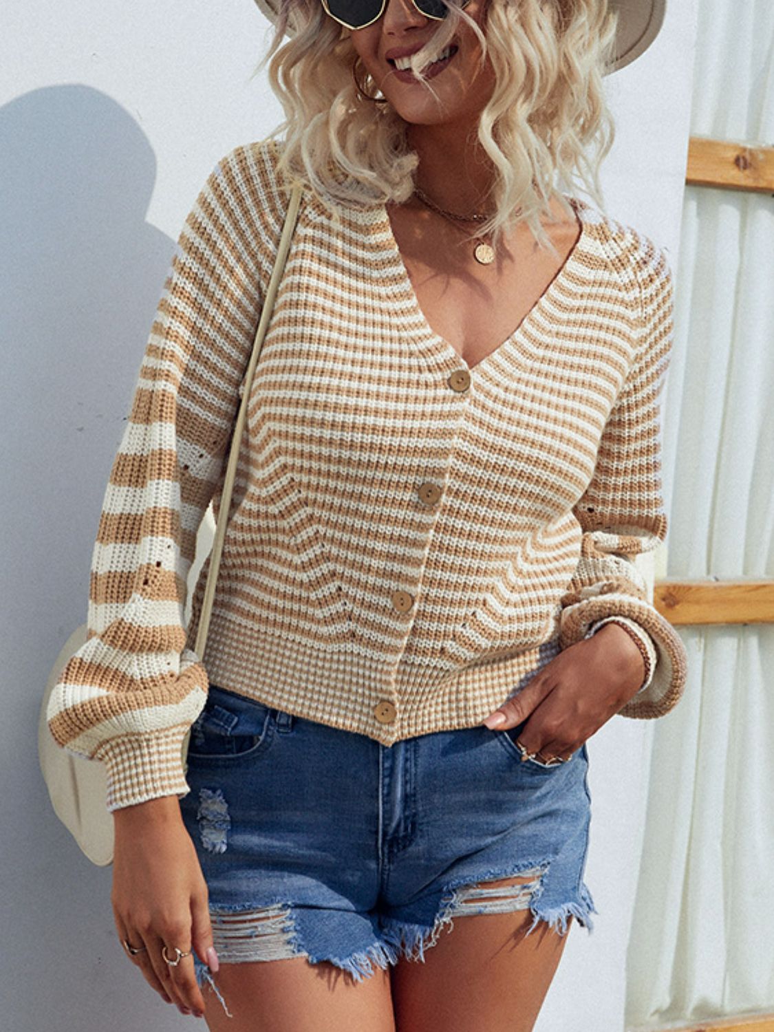 Striped Rib-Knit Lantern Sleeve Cardigan