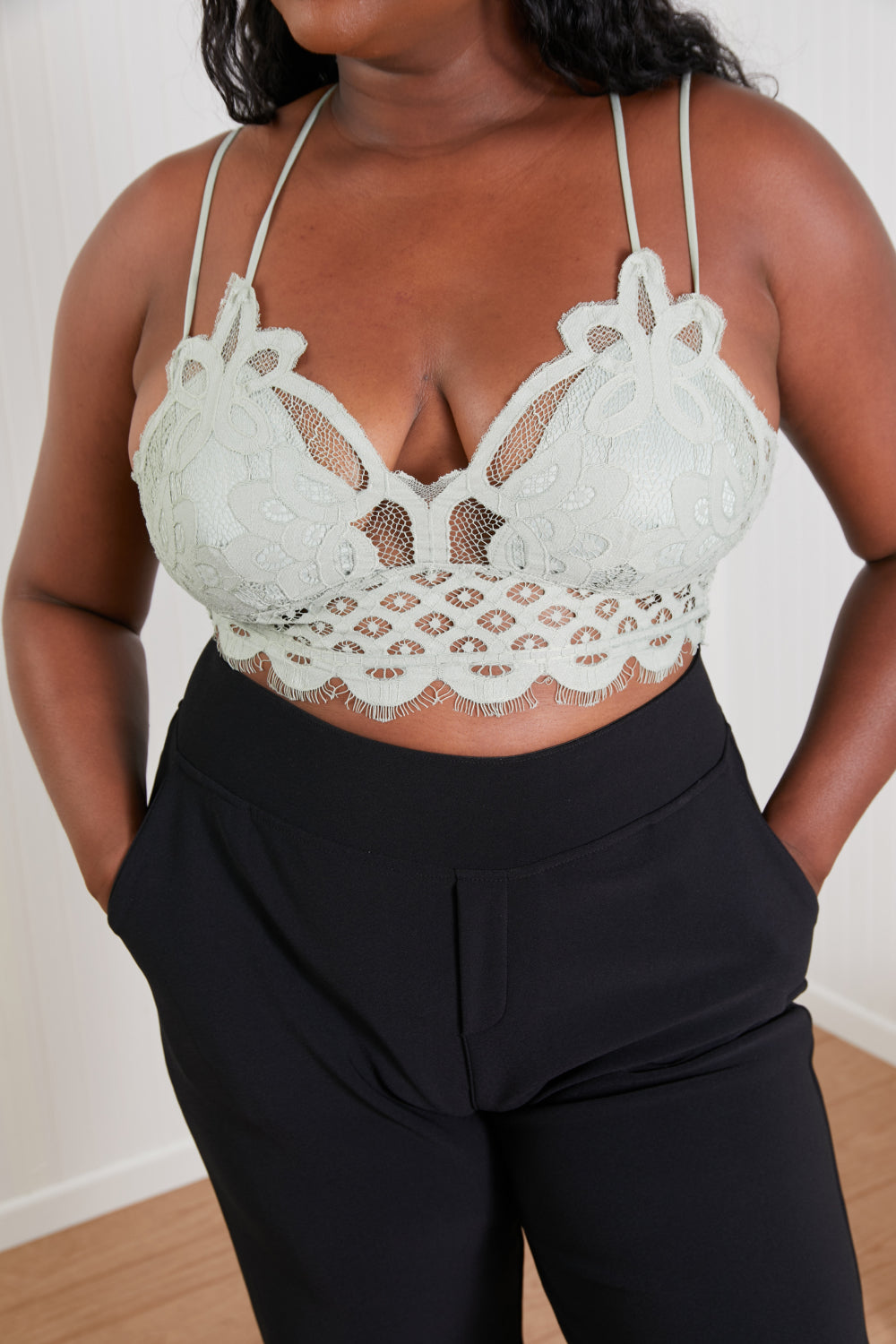 Zenana Forever Flirty Full Size Lace Bralette in Light Sage