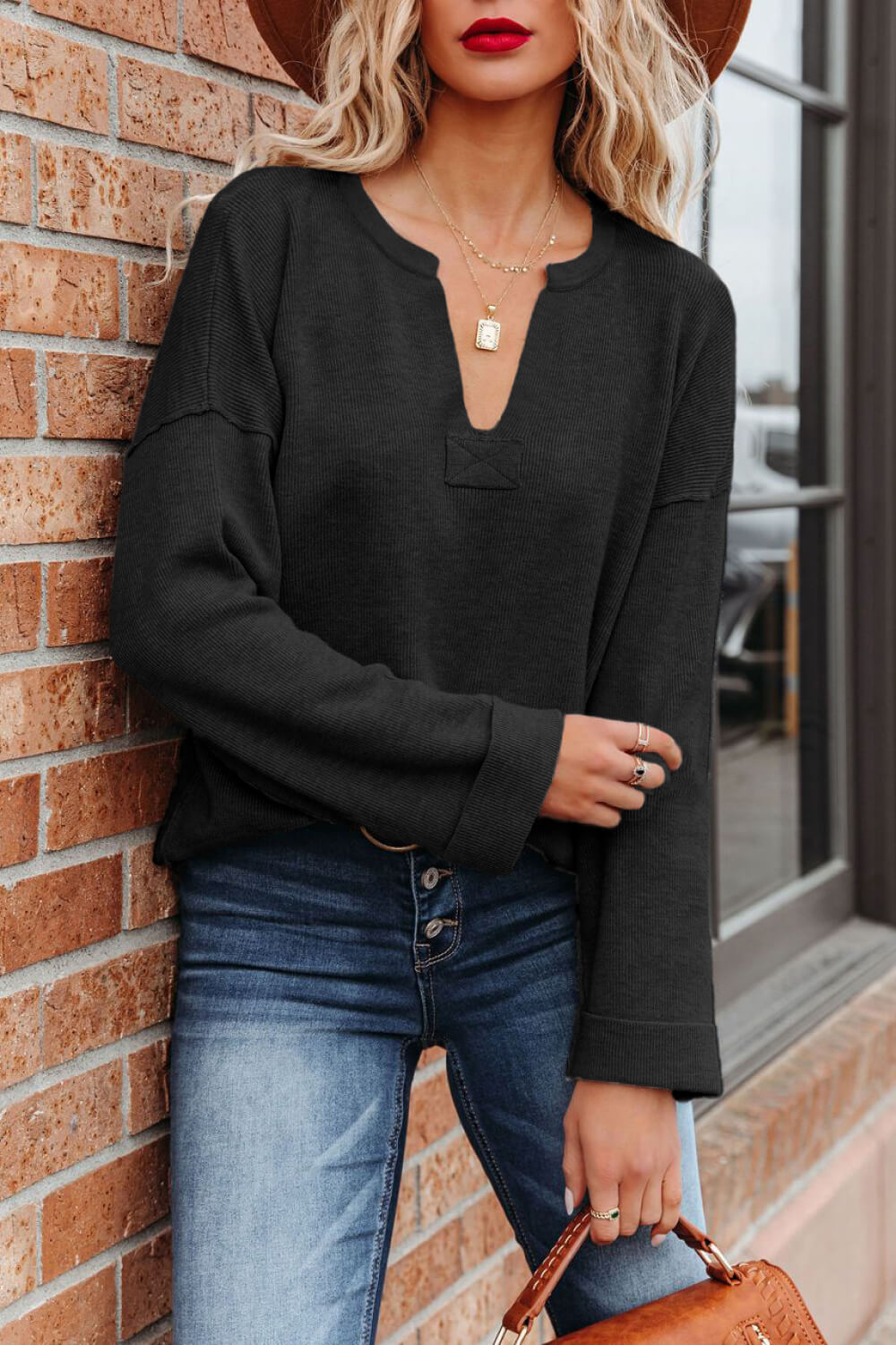 Cuff Sleeve Notched Neck Sweater