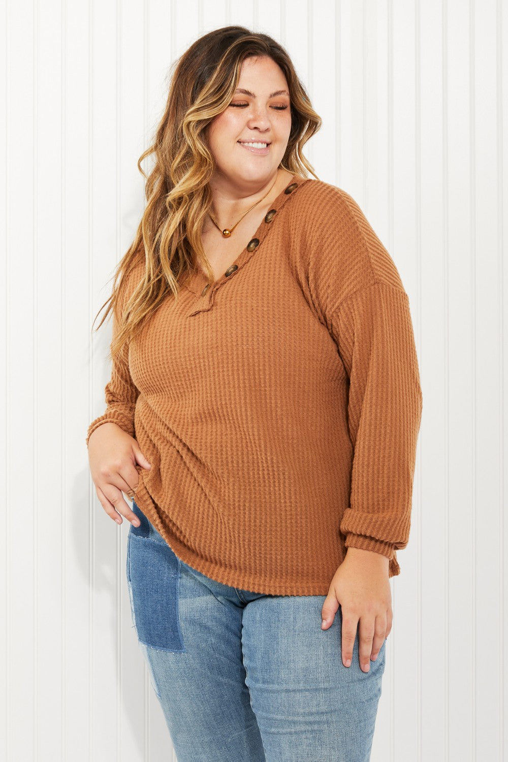 Zenana Apple Dumplings Full Size Brushed Waffle Knit Henley in Deep Camel