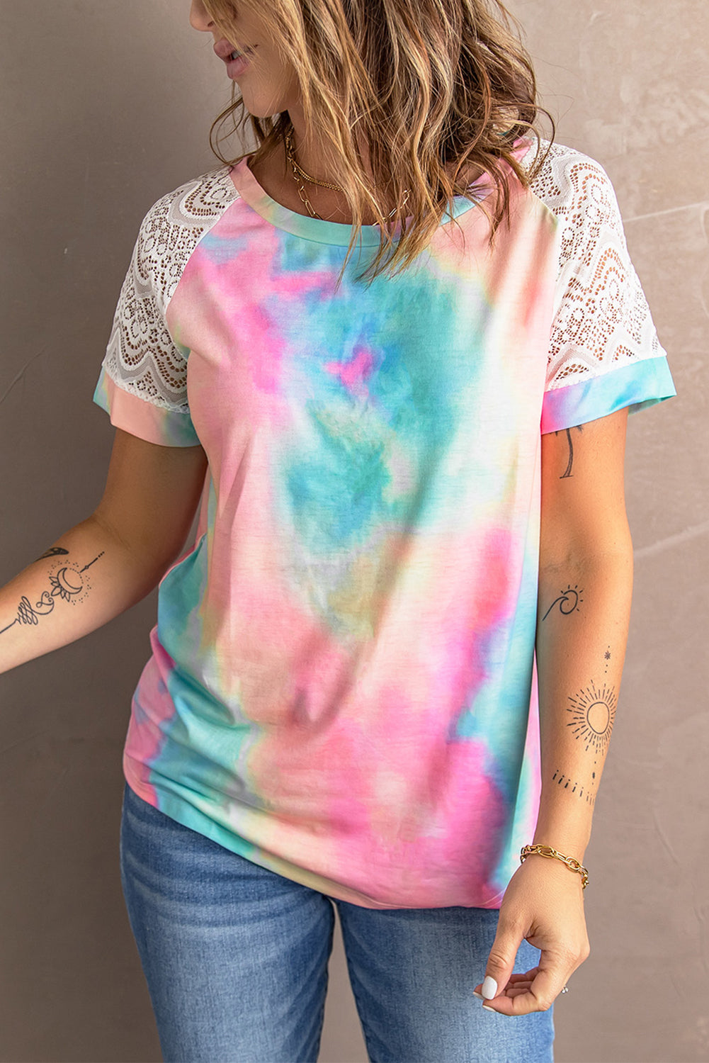 Tie-Dye Spliced Lace Raglan Sleeve Tee