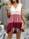 Color Block Buttoned V-Neck Sleeveless Tank