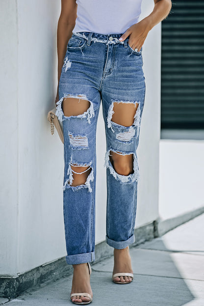 Distressed Frayed Trim Straight Leg Jeans