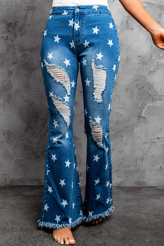 Star Print Distressed Raw Hem Flare Jeans