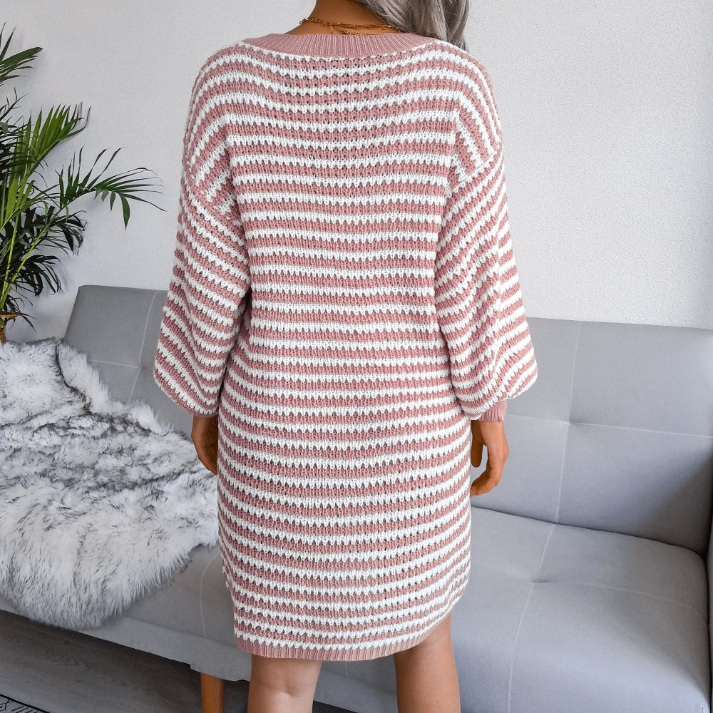 Striped Lantern Sleeve Mini Sweater Dress