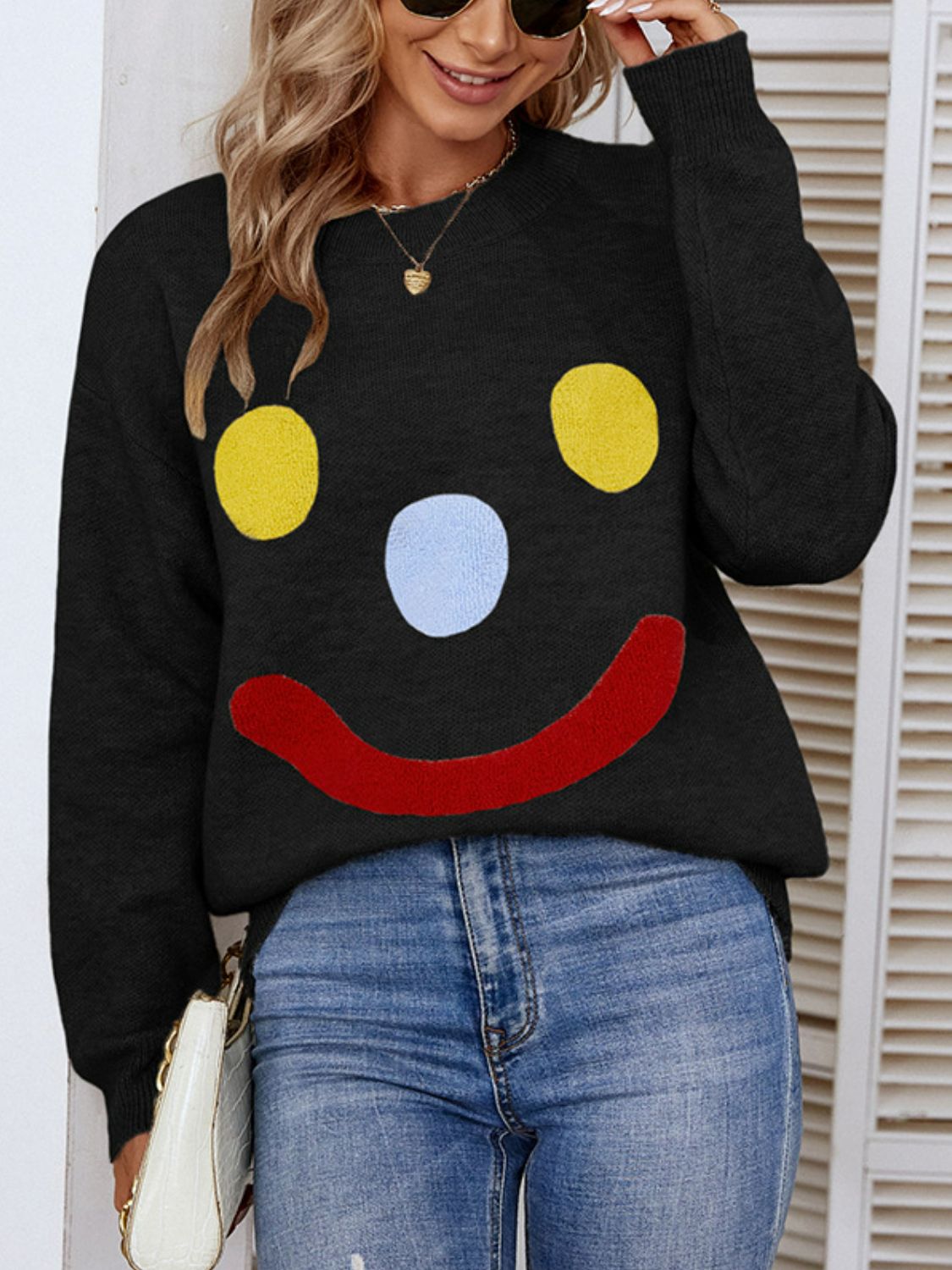 Smiley Face Dropped Shoulder Ribbed Trim Sweater