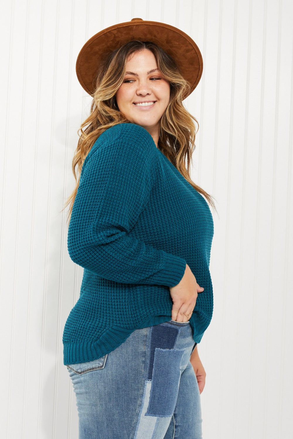 Zenana Autumn is Calling Full Size Waffle Knit Sweater in Teal