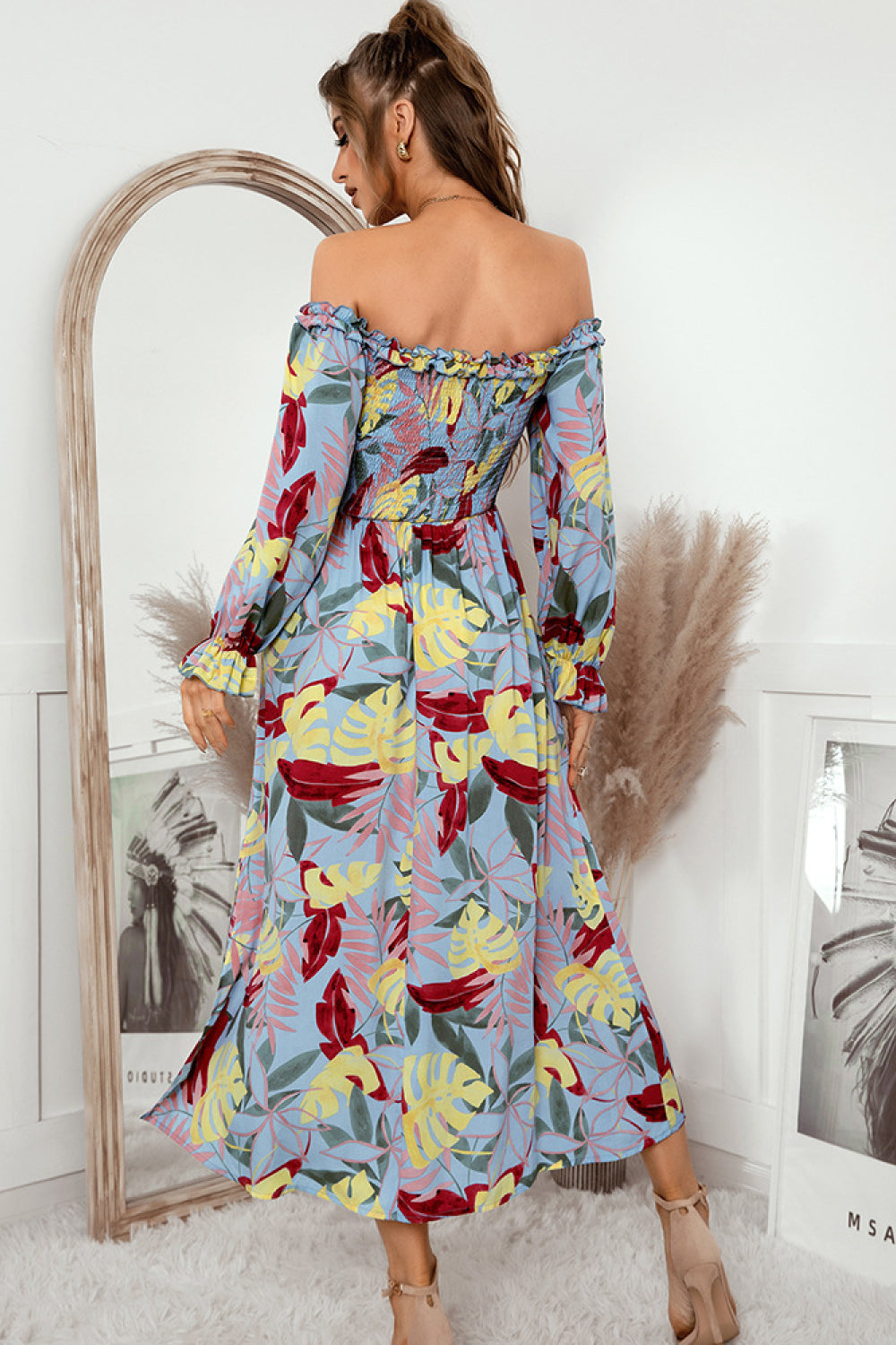 Botanical Print Off-Shoulder Side Slit Midi Dress