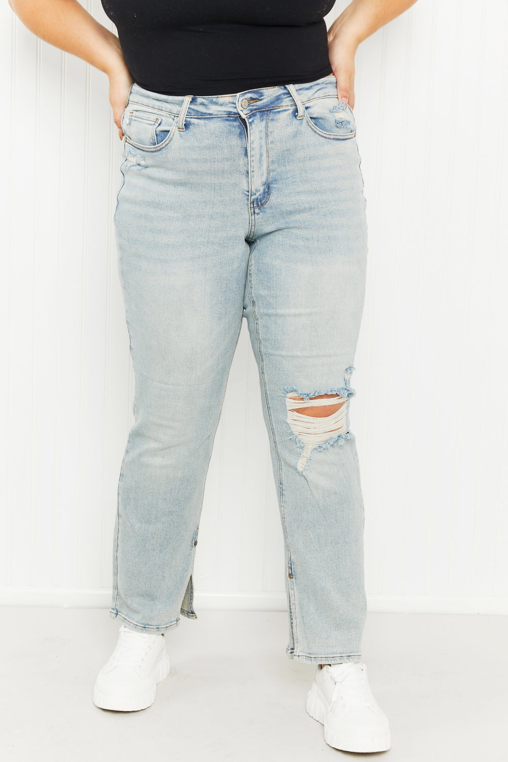 Judy Blue Journey Full Size High-Waisted Distressed Straight Jeans