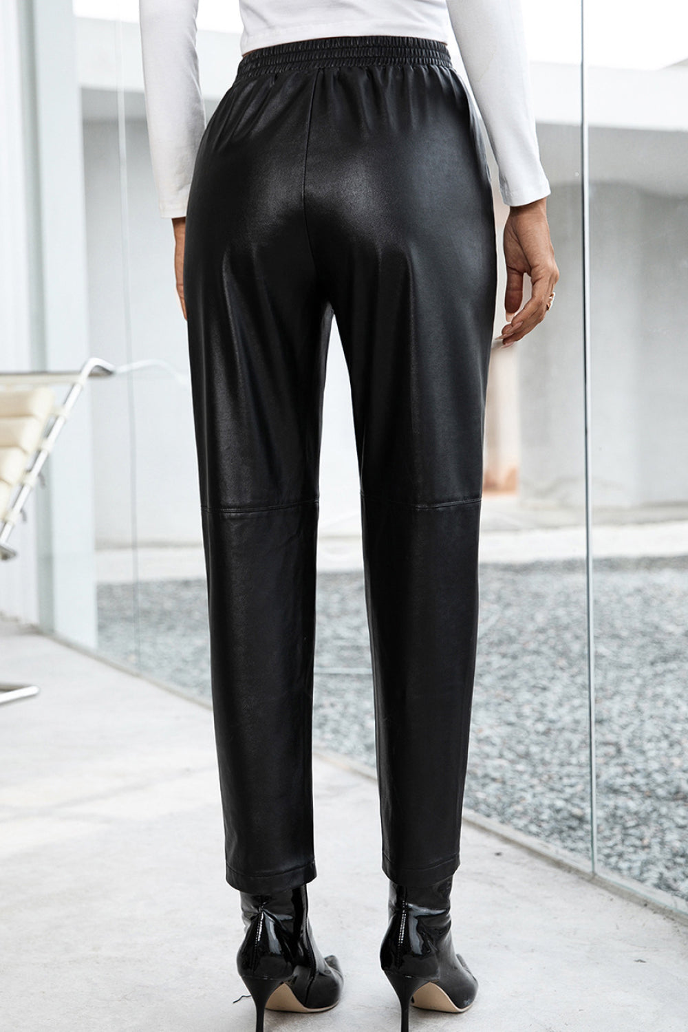 Seamed Elastic Waist PU Leather Pants