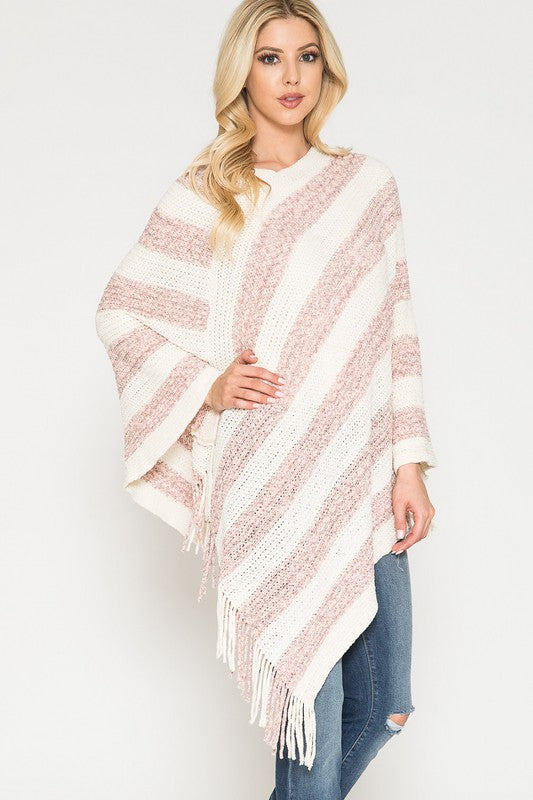 Striped Poncho with Fringe