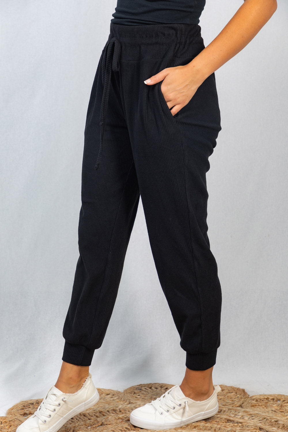 White Birch Full Size Drawstring Waist Rib-Knit Joggers with Pockets in Black