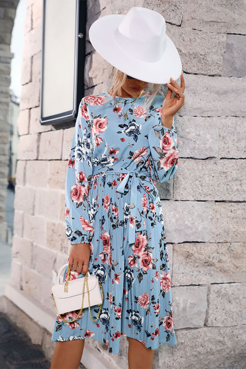 Floral Balloon Sleeve Pleated Midi Dress