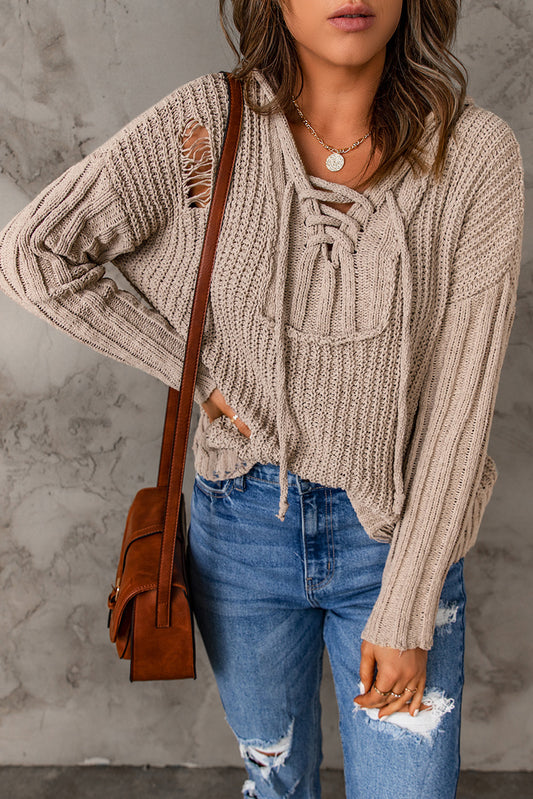 Rib-Knit Distressed Hooded Sweater