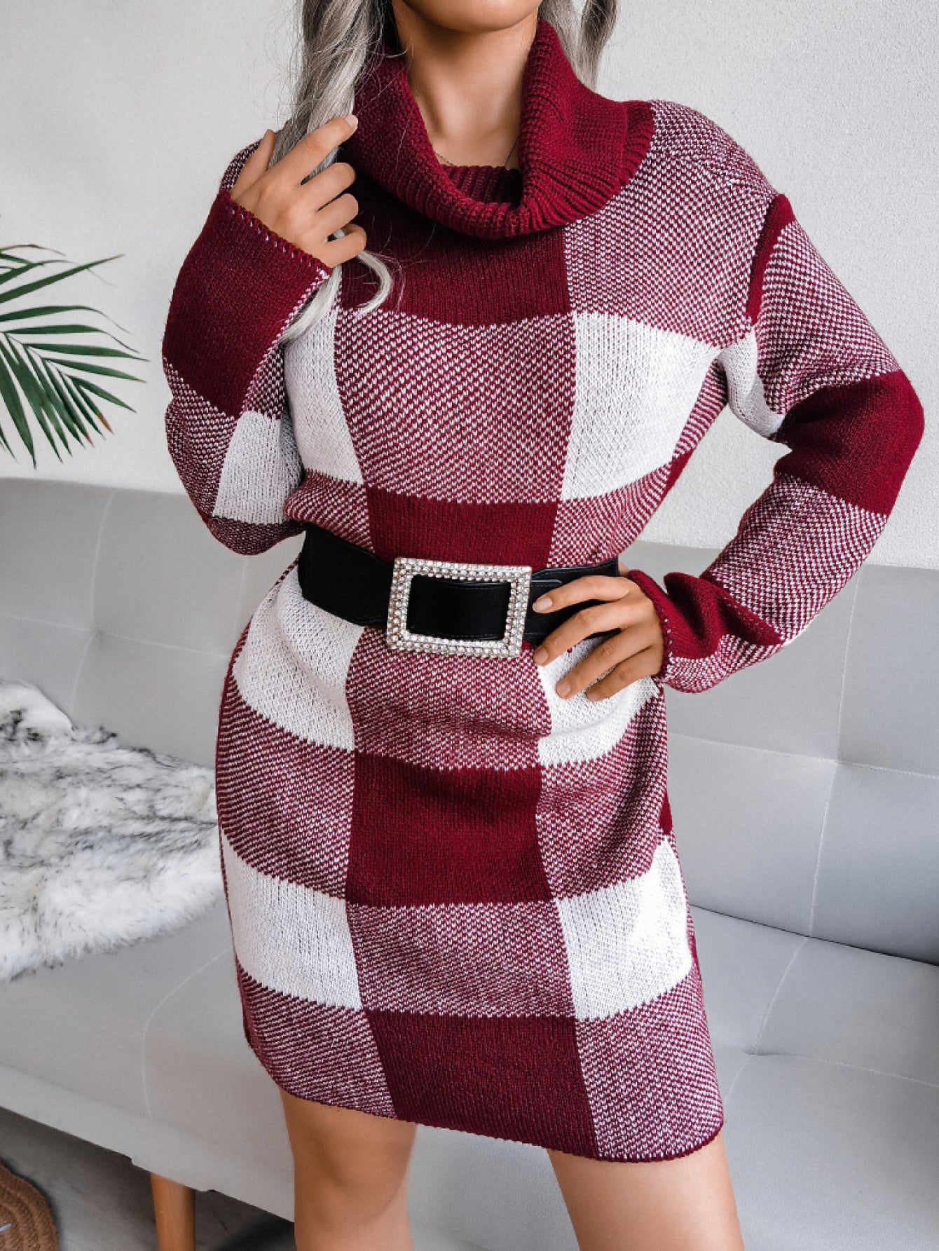 Plaid Funnel Neck Long Sleeve Mini Sweater Dress (Belt Not Included)