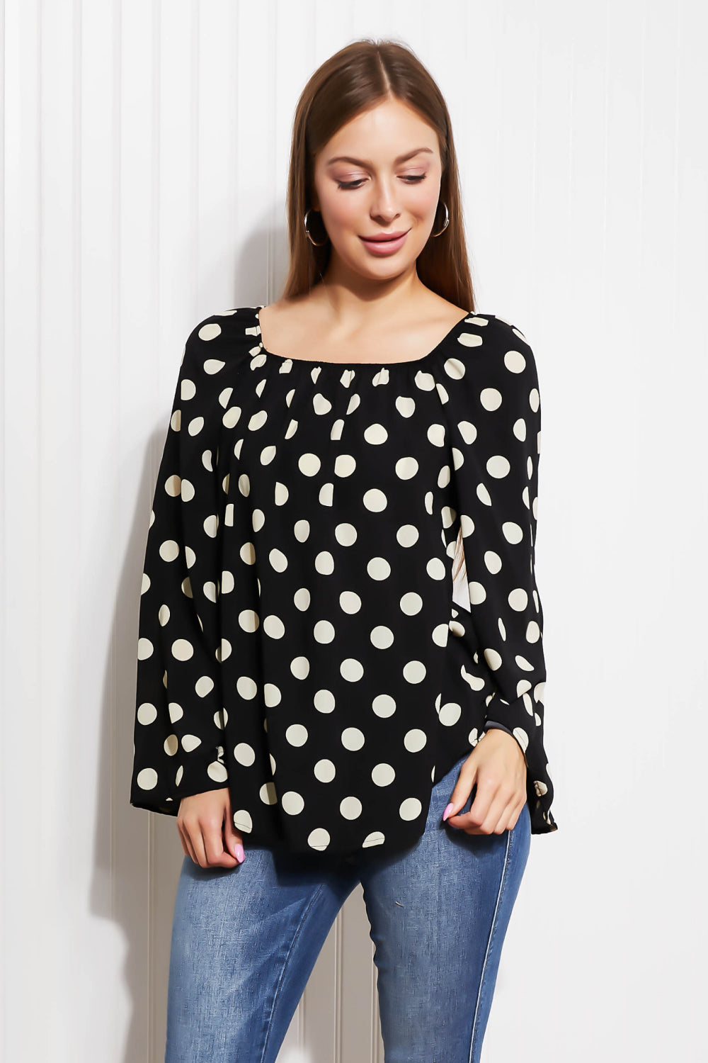 CY Fashion Polka Dot Party Full Size Bell Sleeve Blouse