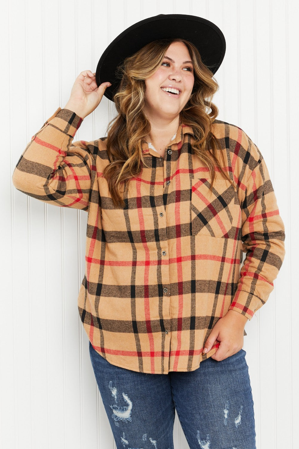 Andree by Unit  Pumpkin Patch Full Size Plaid Faux Fur Lined Shacket