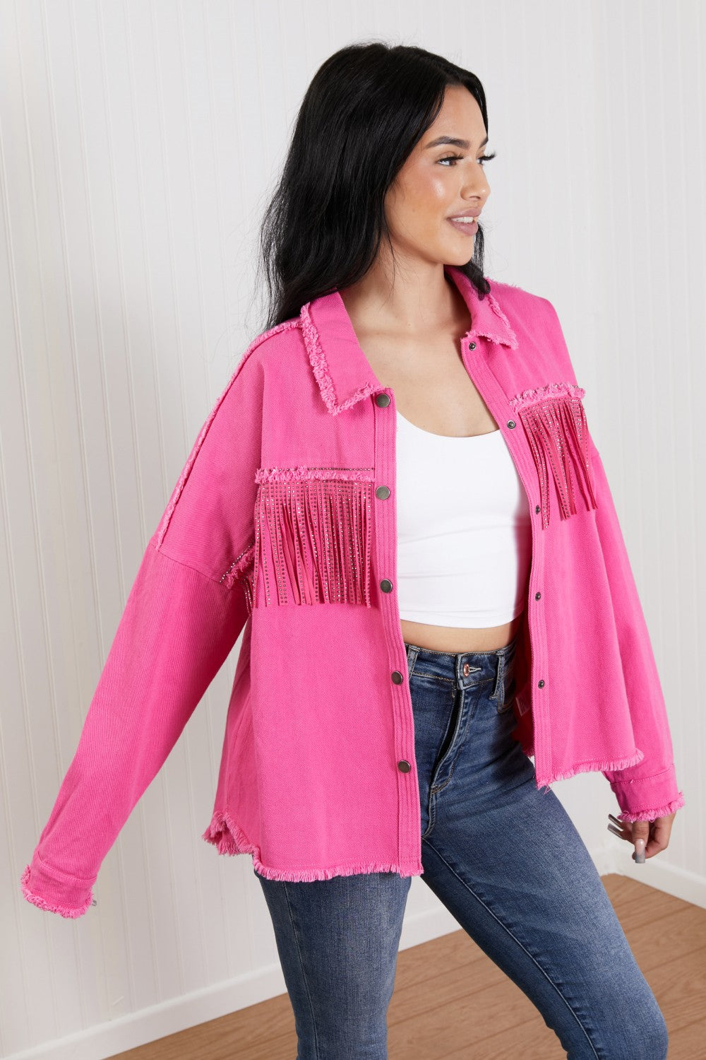 GeeGee Southwest Full Size Rhinestone Fringe Detail Shirt Jacket