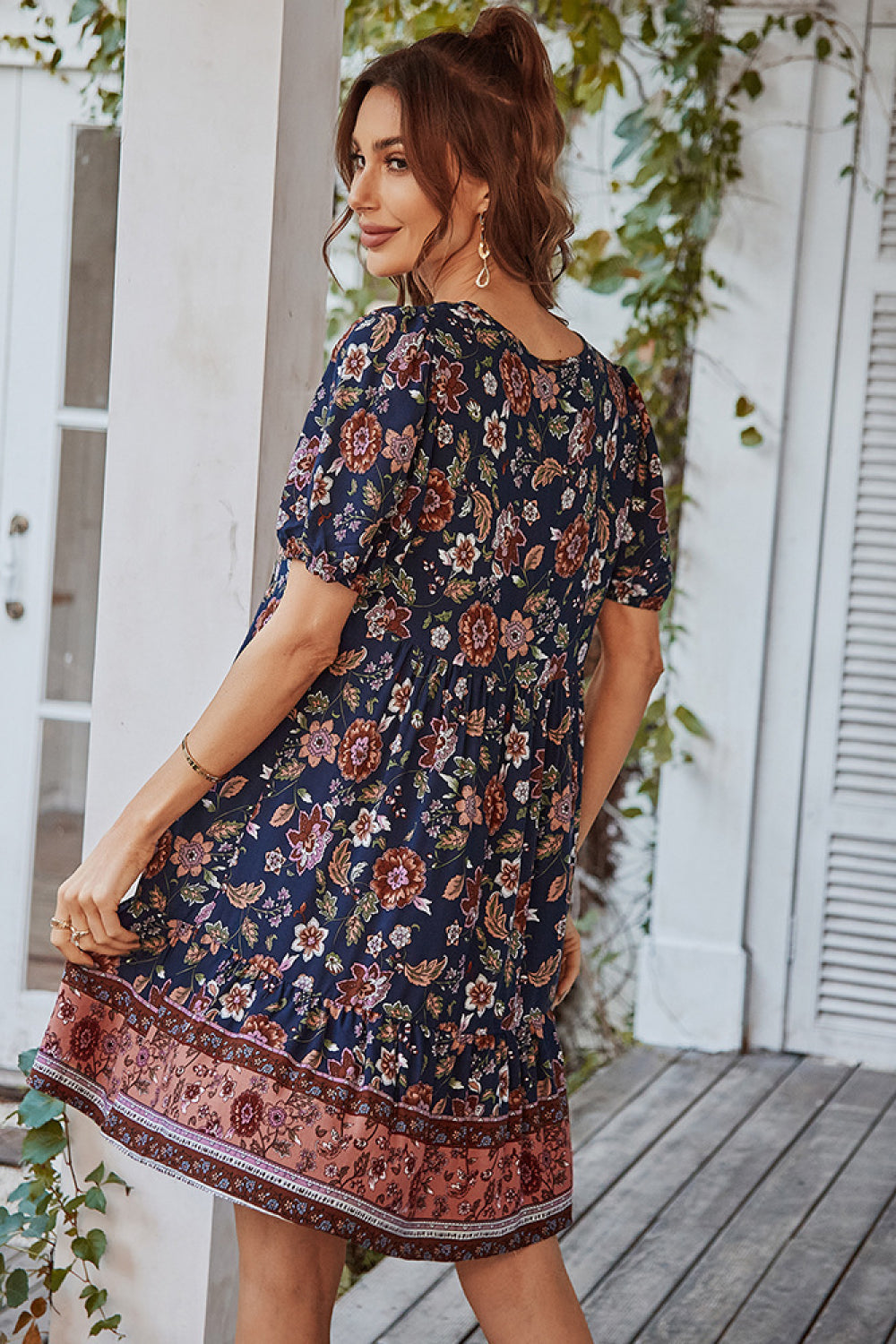 Floral Tie Neck Bohemian Mini Dress