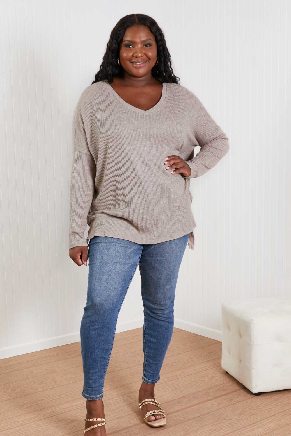 Zenana Sippin' Hot Cocoa Full Size Ribbed High-Low Sweater