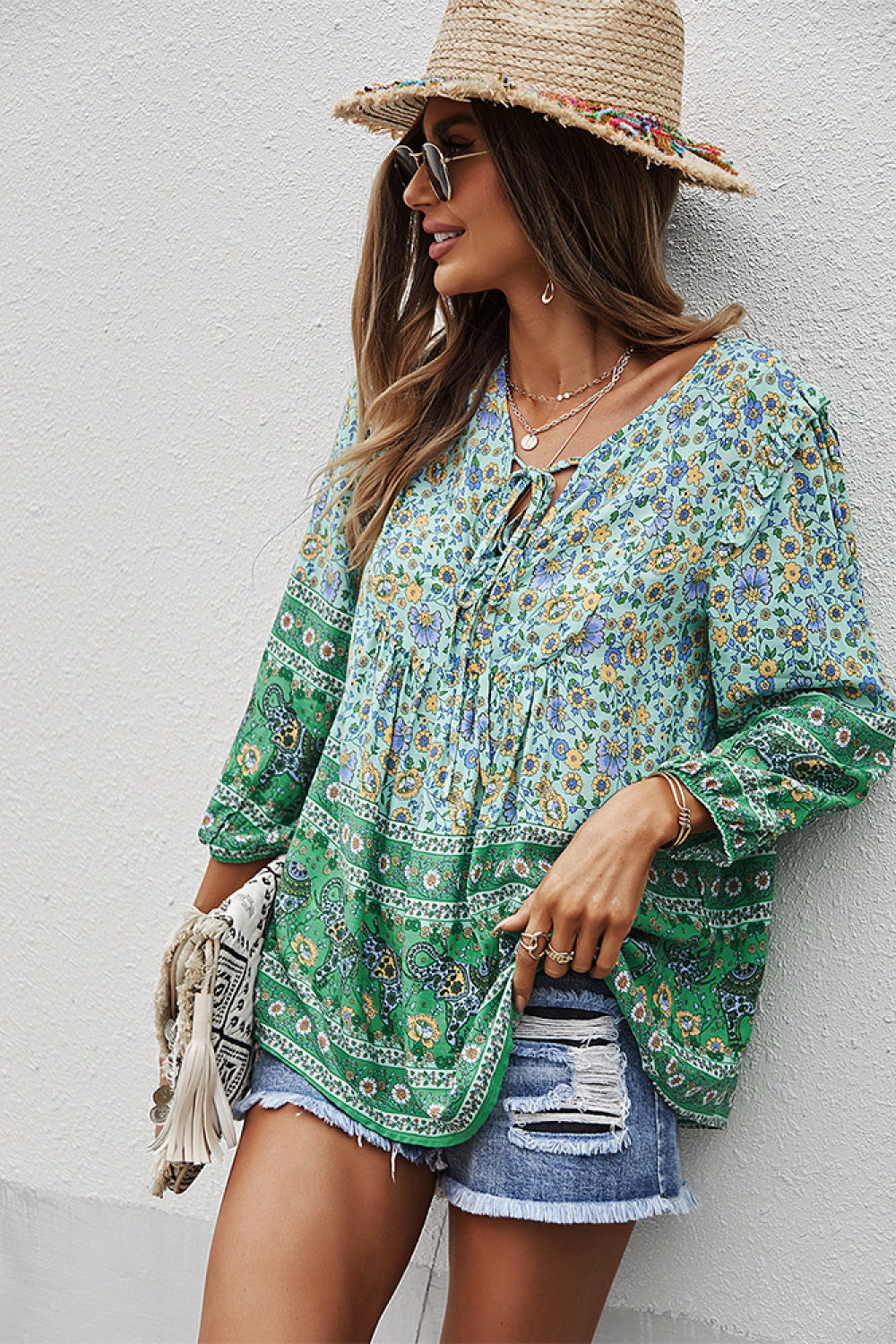 Floral Contrast Print Tie Neck Blouse