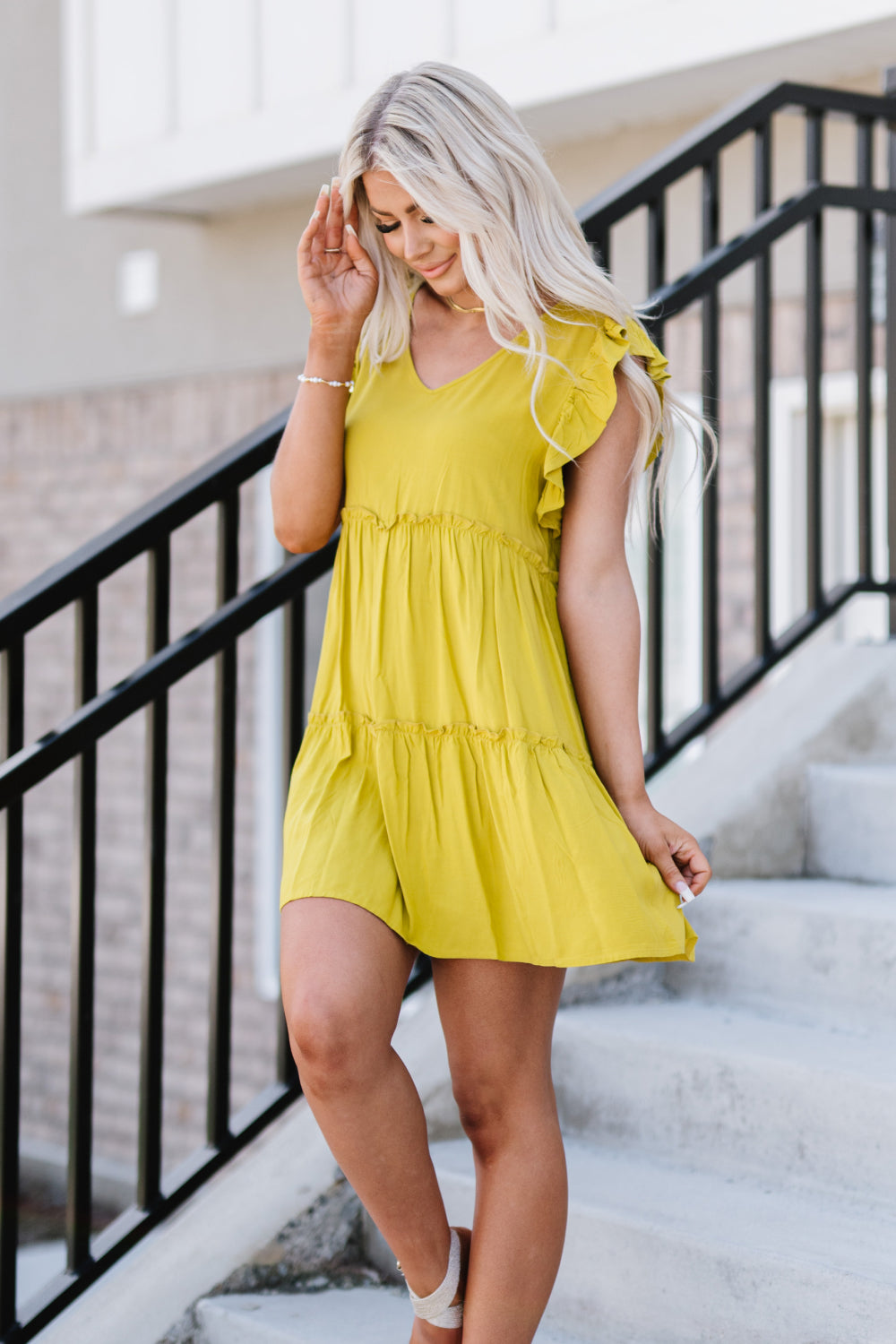 Zenana Call Me Later Full Size Tiered Mini Dress in Golden Wasabi