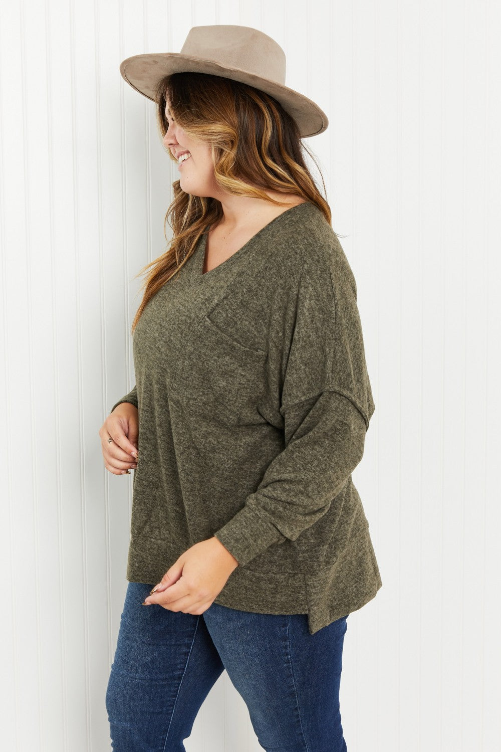 Zenana Up in Vancouver Full Size Melange Sweater in Dark Olive