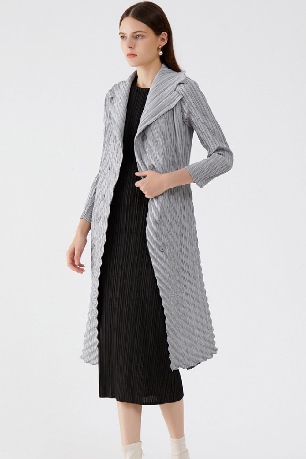 Accordion Pleated Double-Breasted Trench Coat