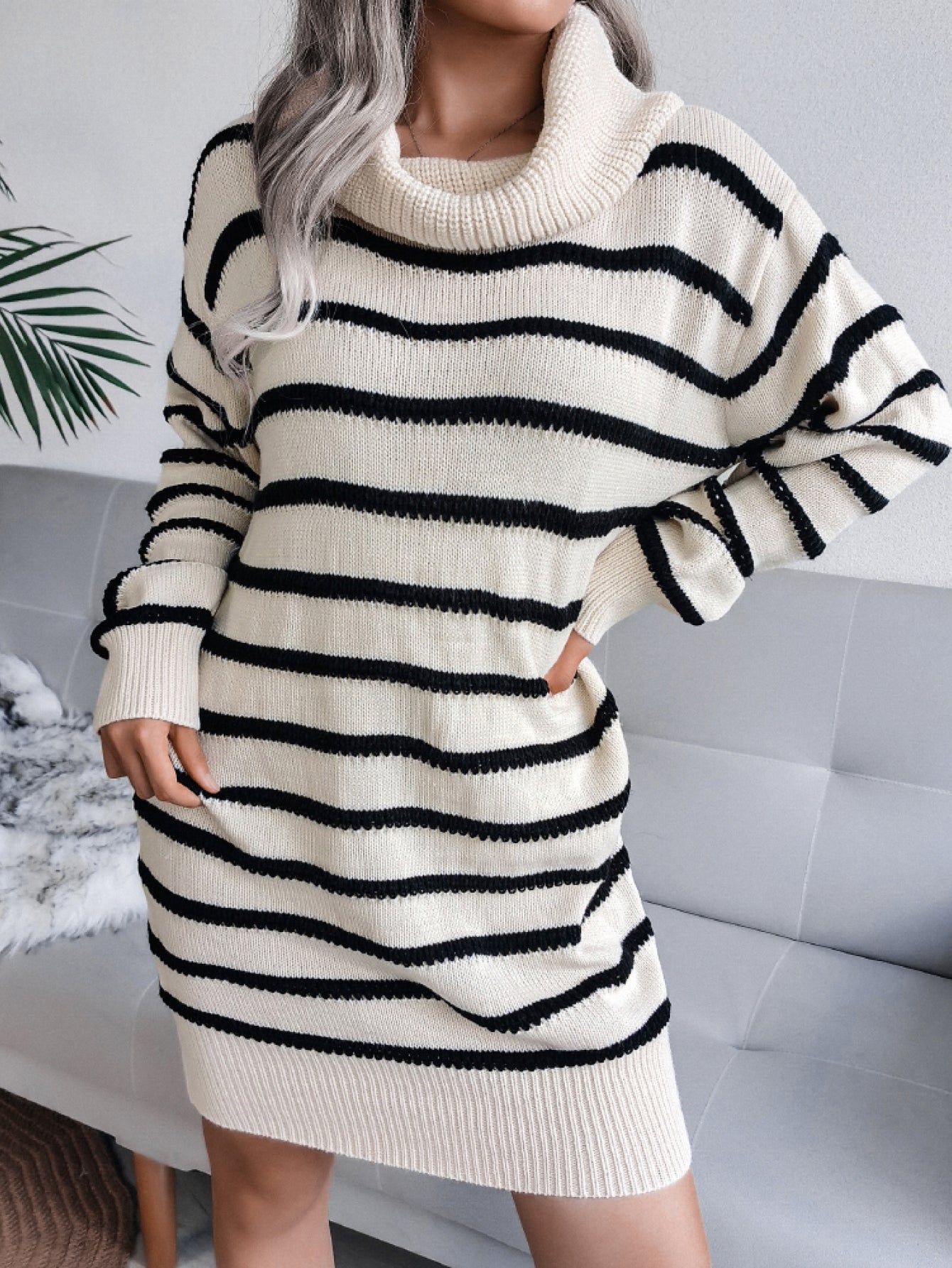 Stripped Ribbed Trim Long Sleeve Mini Sweater Dress (Belt Not Included)