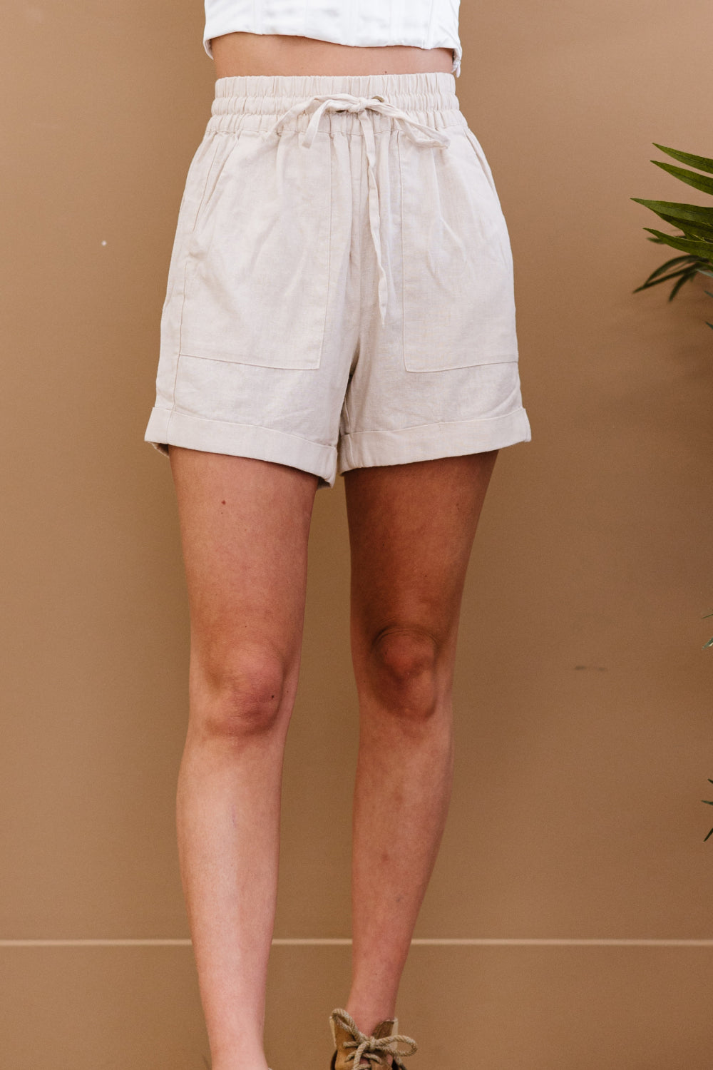 Zenana Linen Love Full Size Cuffed Shorts in Taupe