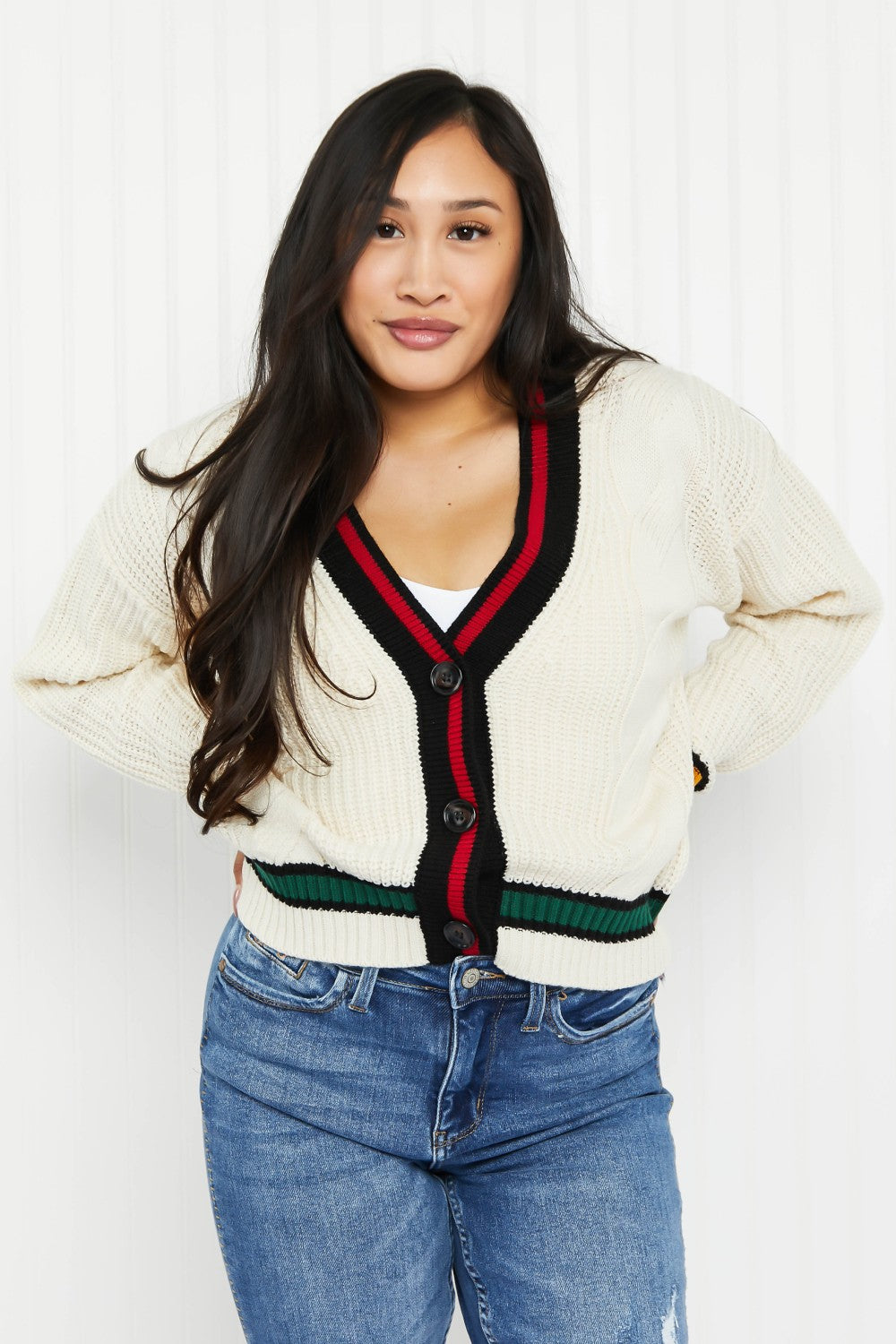 Zenana Aspen Drive Full Size Contrast Trim Cable Knit Cardigan