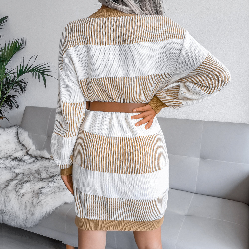 Striped Dropped Shoulder Long Sleeve Sweater Dress (Belt Not Included)