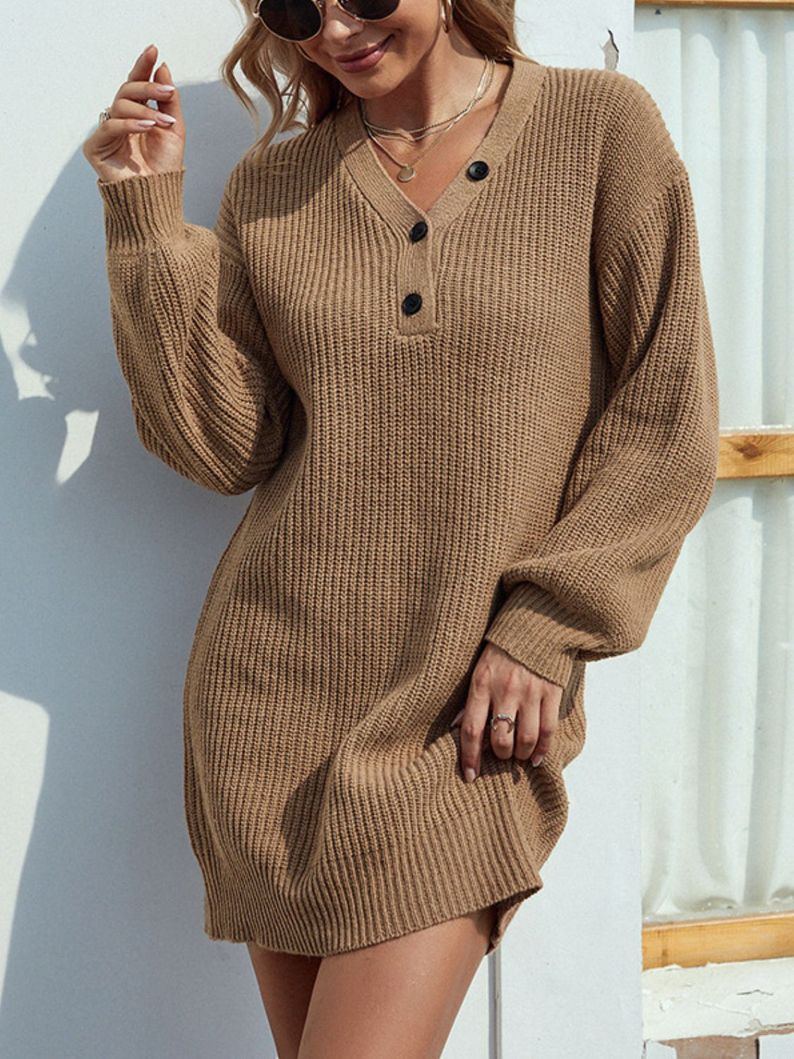 Buttoned V-Neck Dropped Shoulder Sweater Dress