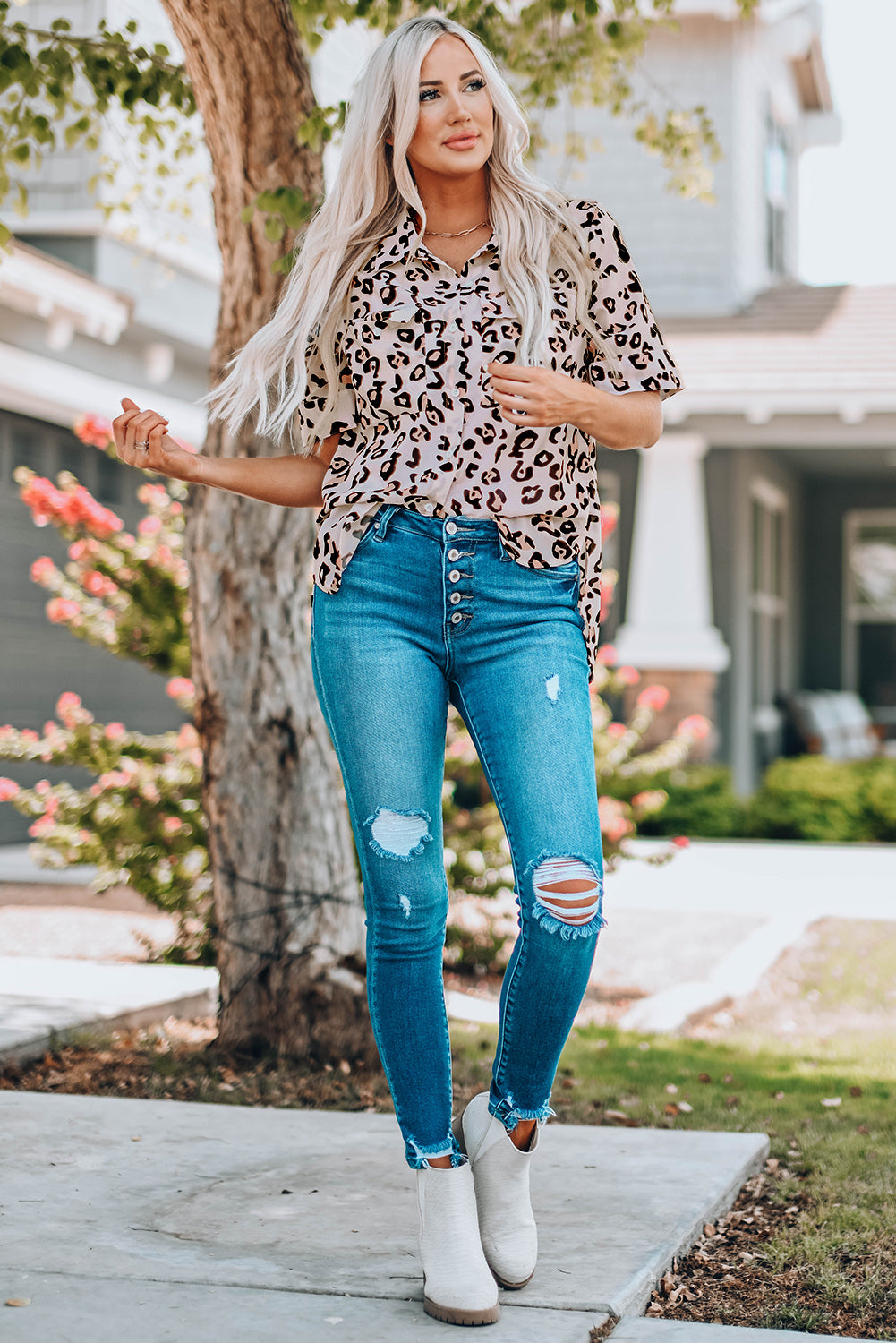 Leopard Button Front Short Sleeve Shirt with Breast Pockets