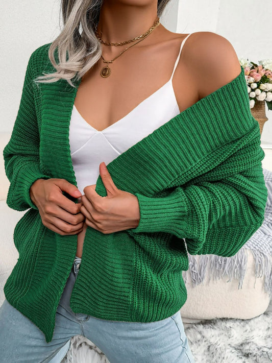 Rib-Knit Open Front Dolman Sleeve Cardigan