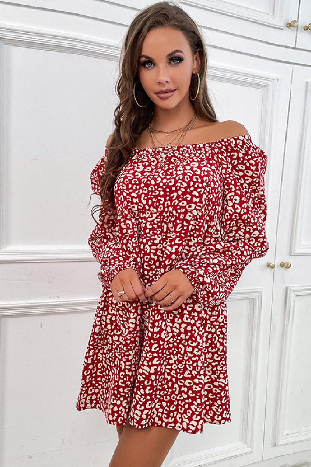 Leopard Print Off-Shoulder Babydoll Dress